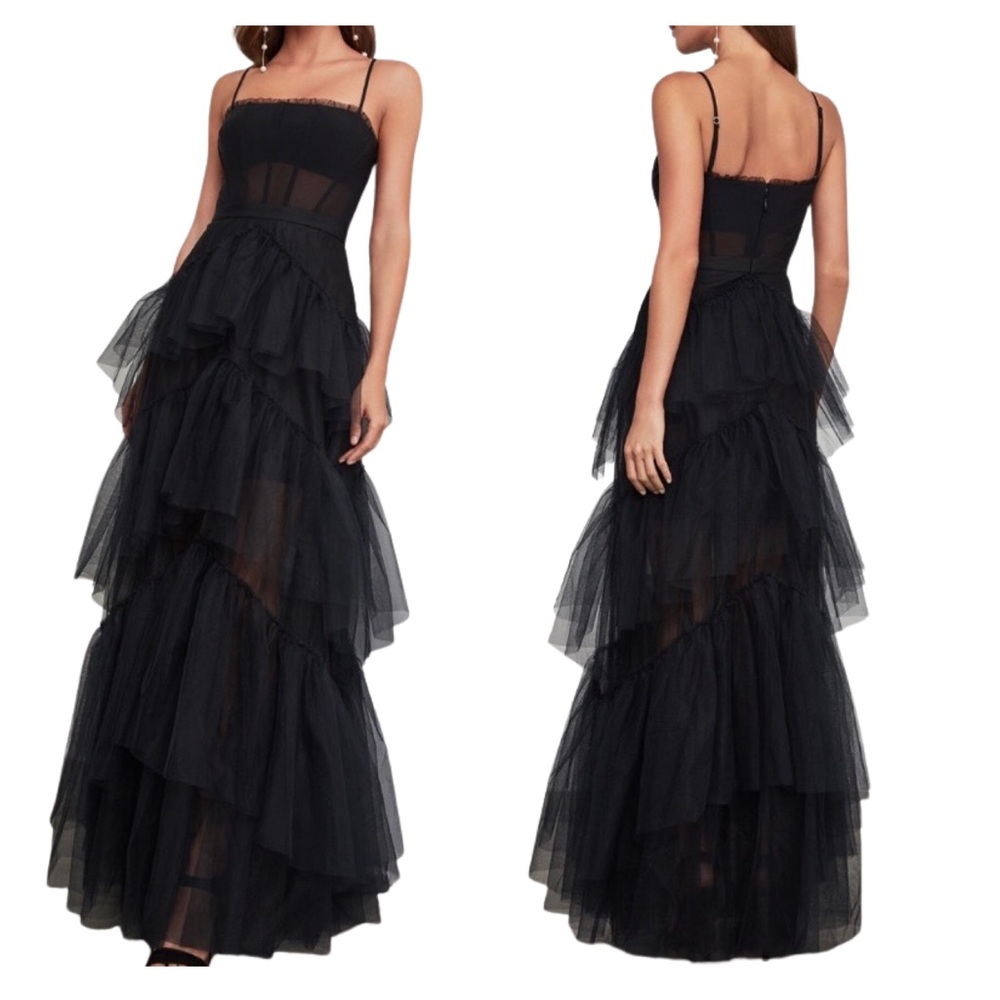 BCBGMAXAZRIA OLY Tiered Ruffle Tulle Gown BLACK size 2